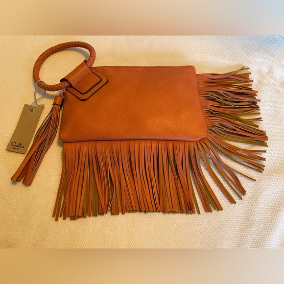Calin Collection Wristlet.Beautiful Burnt Orange, Vegan Leather With Fringe. NWT - Picture 2 of 12